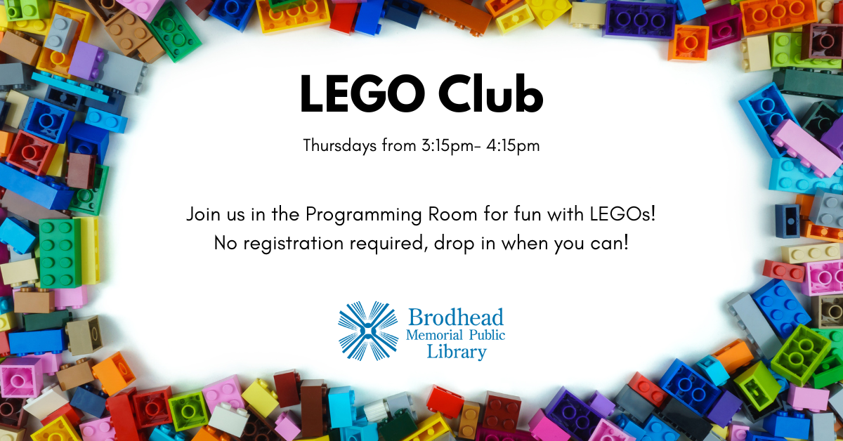 LEGO Club on Thursdays from 3:15pm to 4:15pm. No registration required.