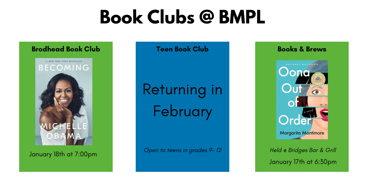 Graphic of January Book Clubs at Brodhead Library