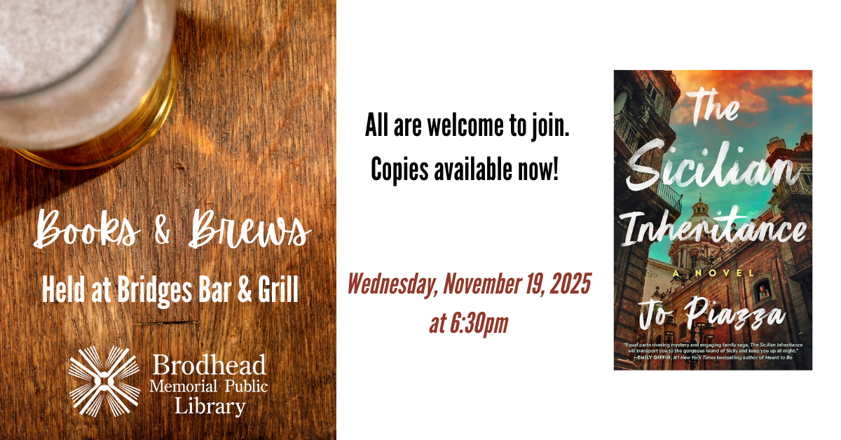Books & Brews Wednesday, November 19 at 6:30pm at Bridges Bar & Grill. Discussing The Sicilian Inheritance by Jo Piazza