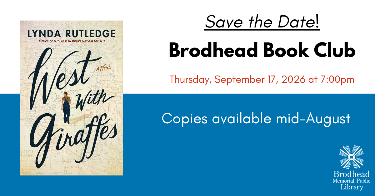 Brodhead Book Club- West with Giraffes. September 17 at 7pm