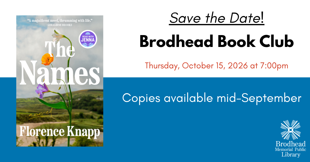 Brodhead Book Club, The Names by Florence Knapp. Meets Thursday, October 15, 2026